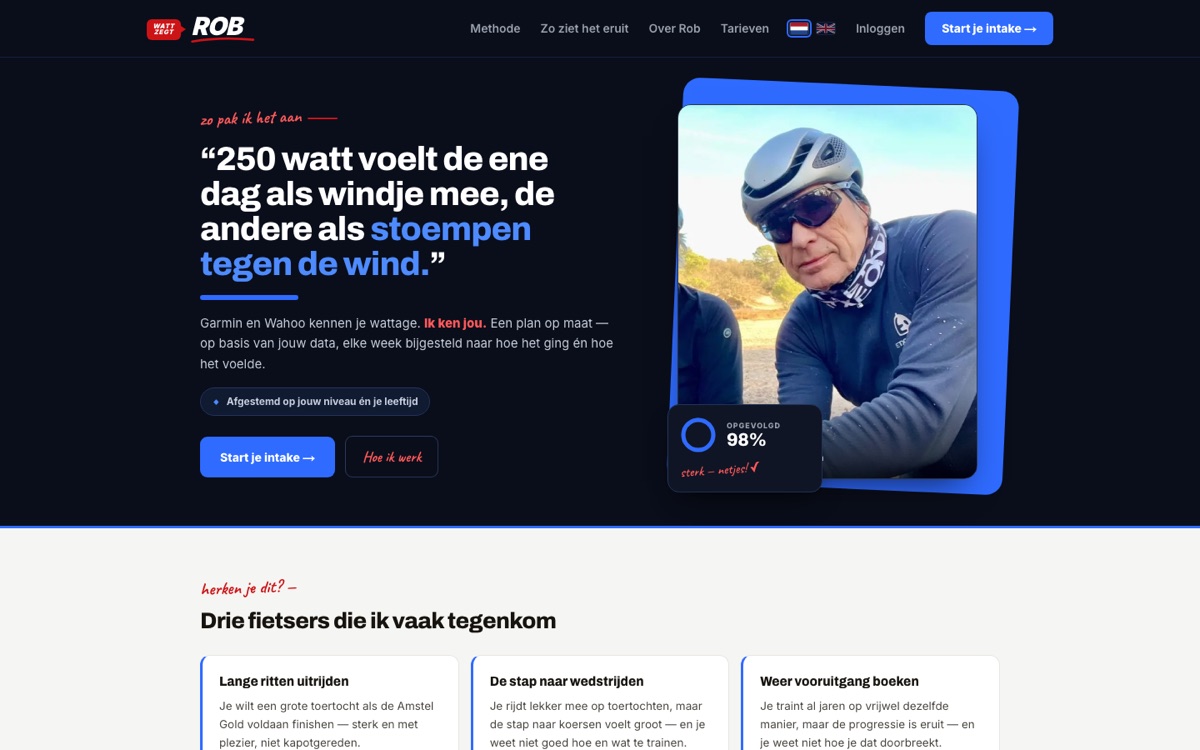 De site wattzegtrob.nl: persoonlijke trainingsbegeleiding door Rob, met intake en methode